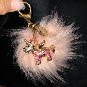 Faux Fur PomPom w/ Rhinestone Unicorn pendant Keychain